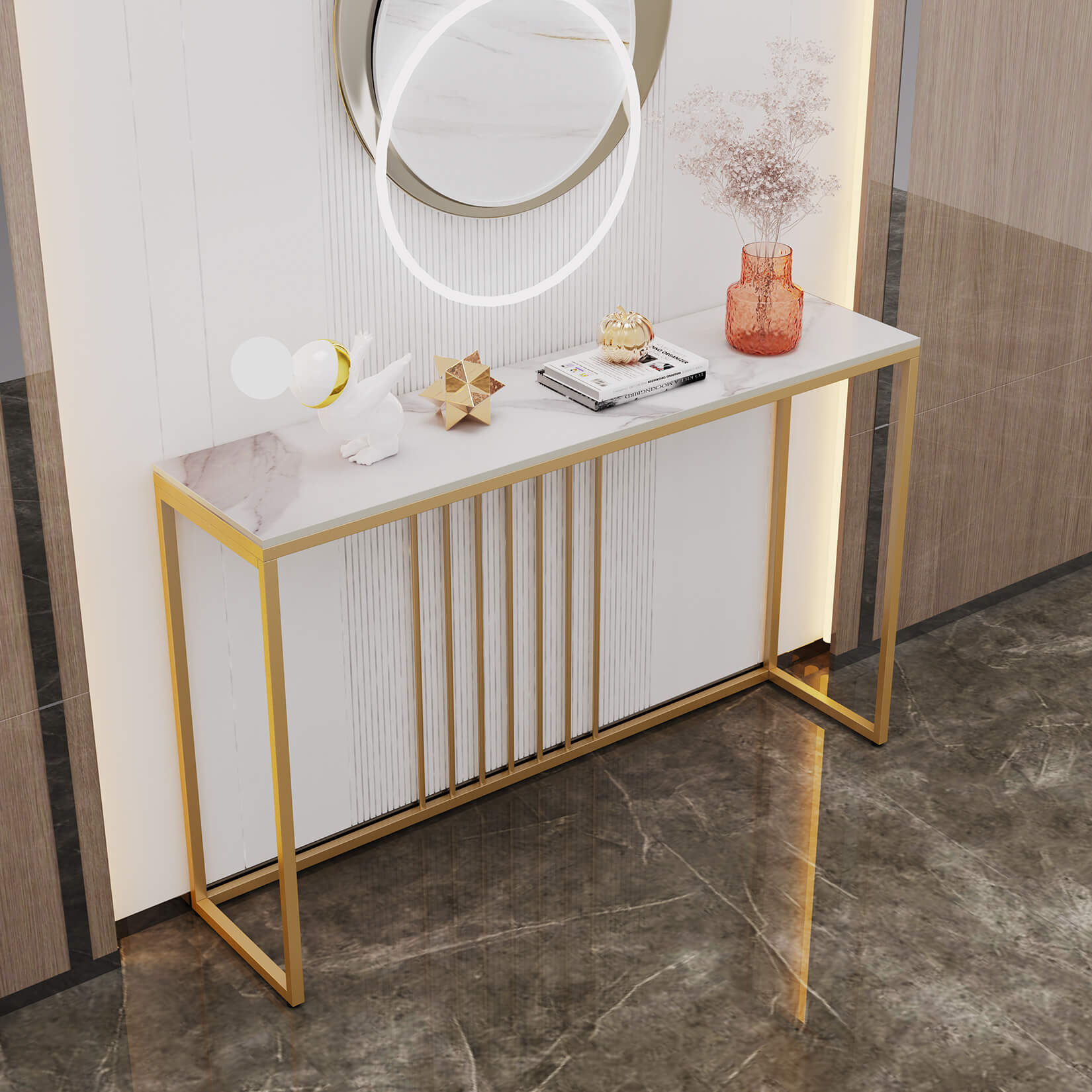 Close-up of the elegant gold and white Nordic console table highlighting its minimalist design.