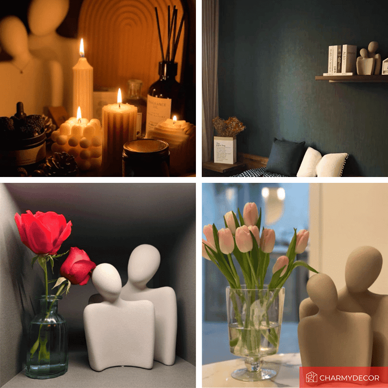 Nordic Embrace Couple Ceramic Sculpture displayed in a modern living room setting.
