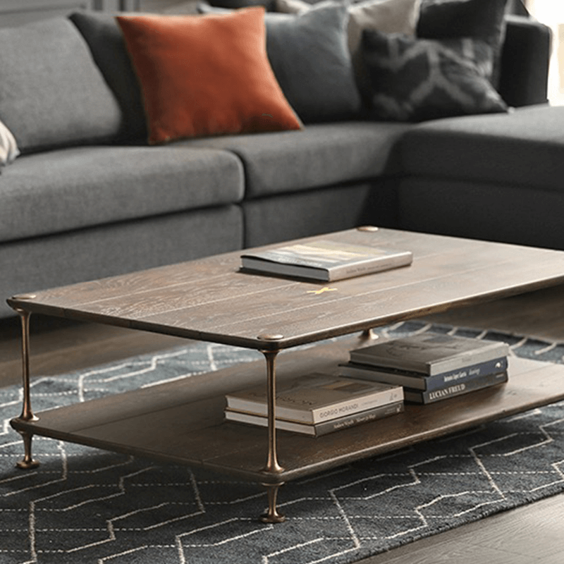 Close-up view of Nordic oak wood coffee table displaying decor and storage