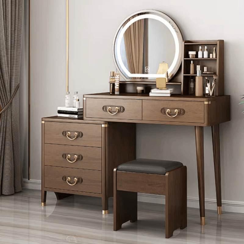Overall aesthetic of the Nordic Elegance makeup table, accentuating its natural wood finish and elegant LED mirror.