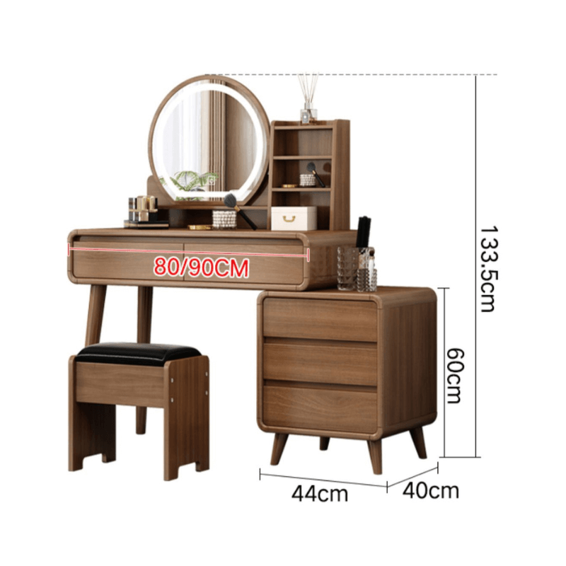 Nordic vanity table with LED mirror showcasing its spacious drawers and sleek design for makeup application.