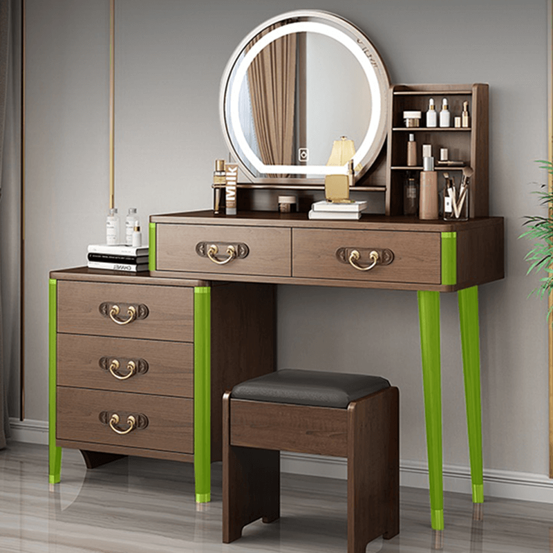 Nordic vanity table with LED mirror showcasing its spacious drawers and sleek design for makeup application.
