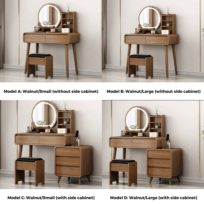 Overall aesthetic of the Nordic Elegance makeup table, accentuating its natural wood finish and elegant LED mirror.