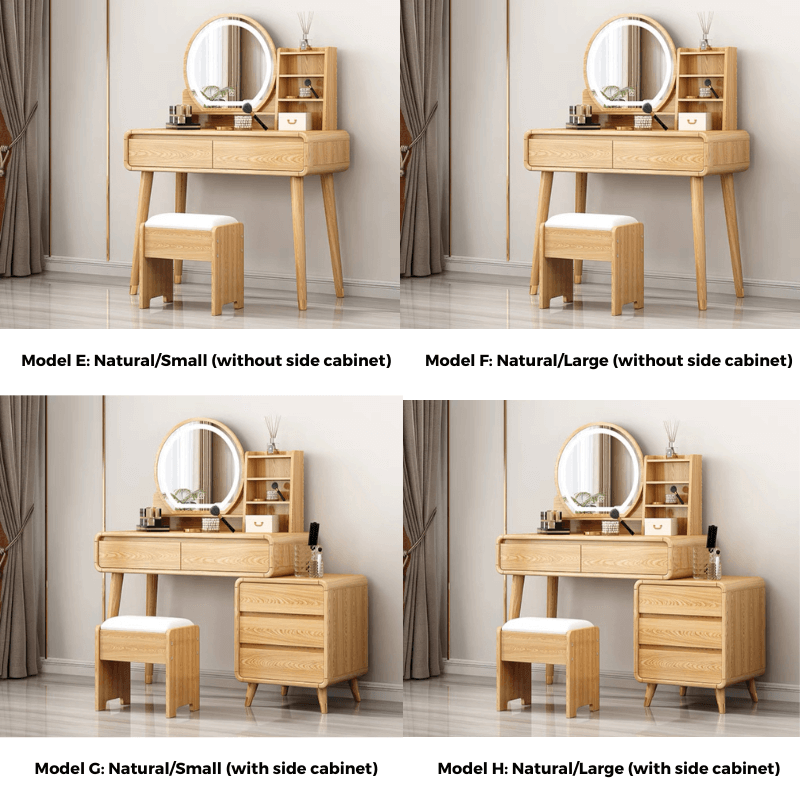 Nordic vanity table with LED mirror showcasing its spacious drawers and sleek design for makeup application.