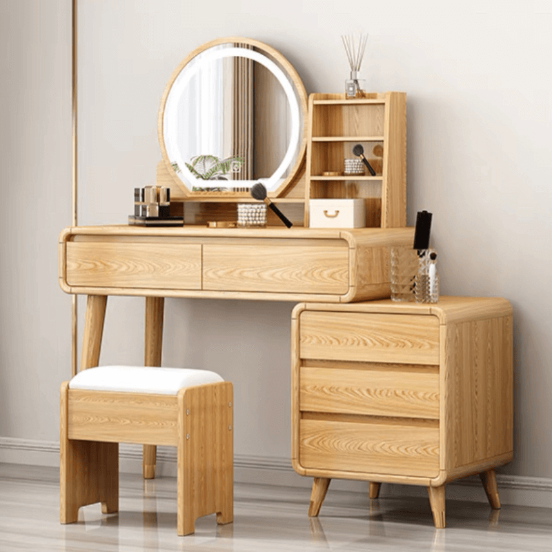 Close-up view of the open shelves on the stylish vanity table for small spaces, highlighting its practicality.