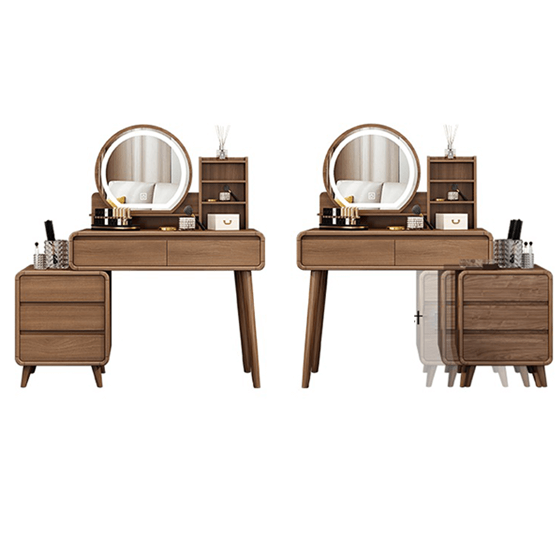 Overall aesthetic of the Nordic Elegance makeup table, accentuating its natural wood finish and elegant LED mirror.