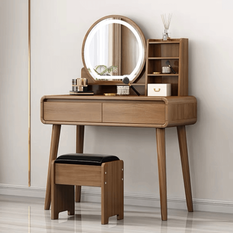 Nordic vanity table with LED mirror showcasing its spacious drawers and sleek design for makeup application.