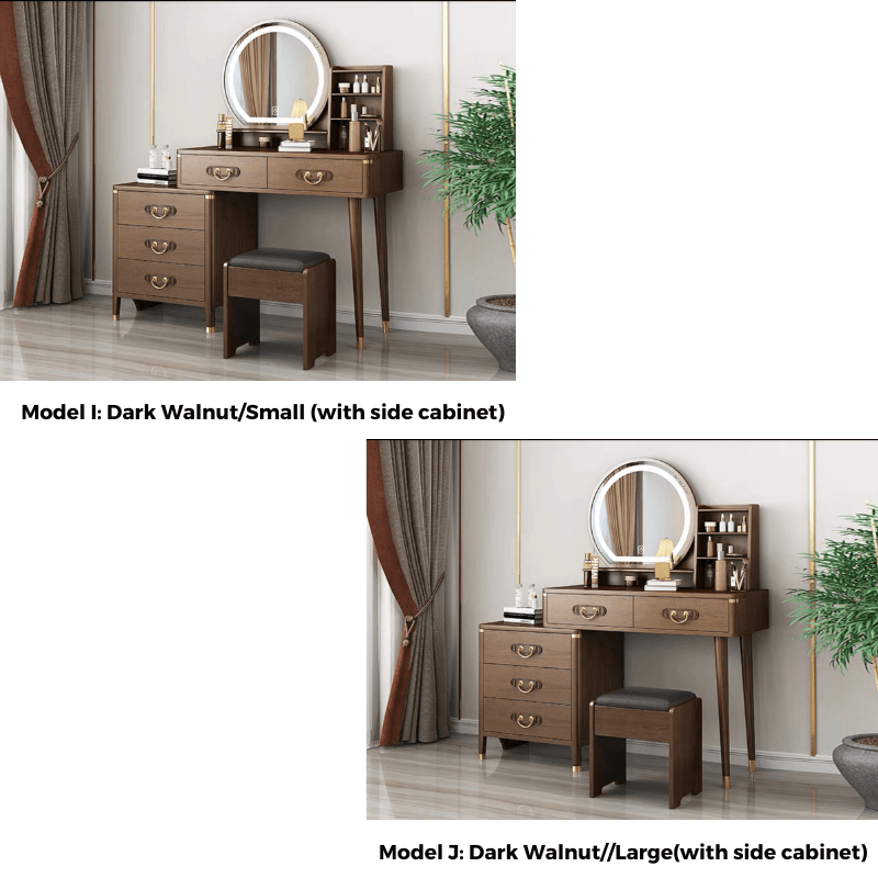 Close-up view of the open shelves on the stylish vanity table for small spaces, highlighting its practicality.