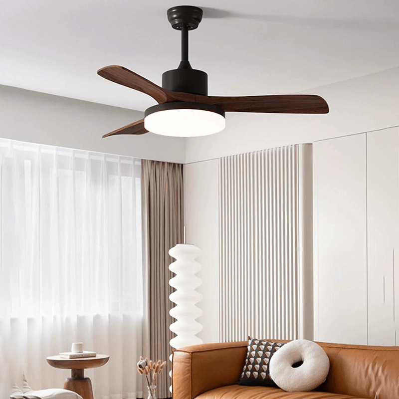 Elegant walnut chandelier fan light showcasing its sleek design and dimmable feature in a cozy living room setting.