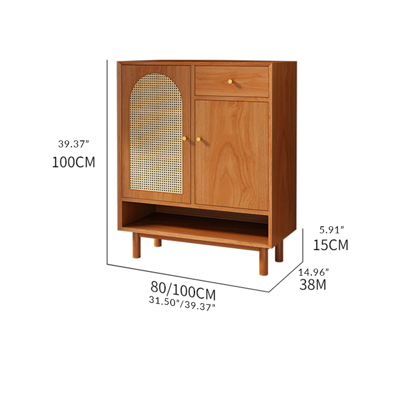 Close-up of adjustable shelves inside the Nordic rattan shoe cabinet.