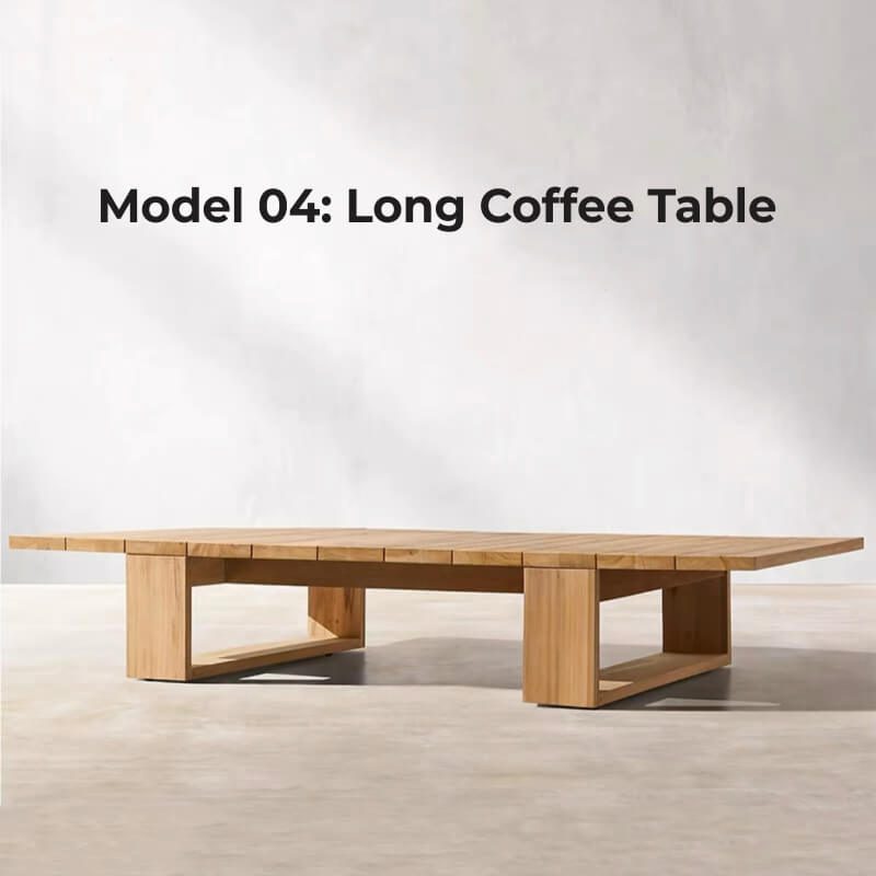 Angled view of Nordic teak wood furniture set styled on patio with soft cushions