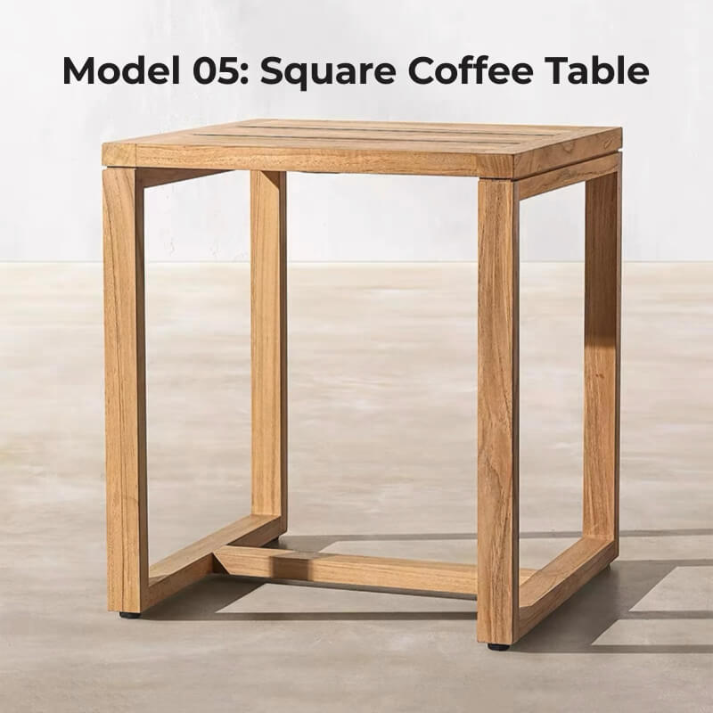 Close-up of pedestal coffee table from teak wood patio furniture with beverages