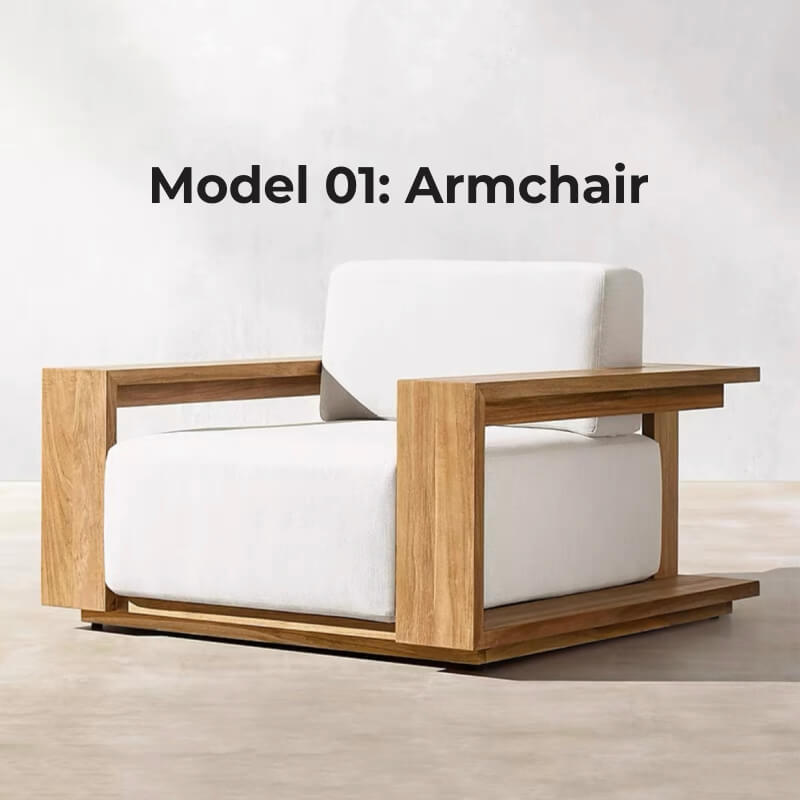 Angled view of Nordic teak wood furniture set styled on patio with soft cushions