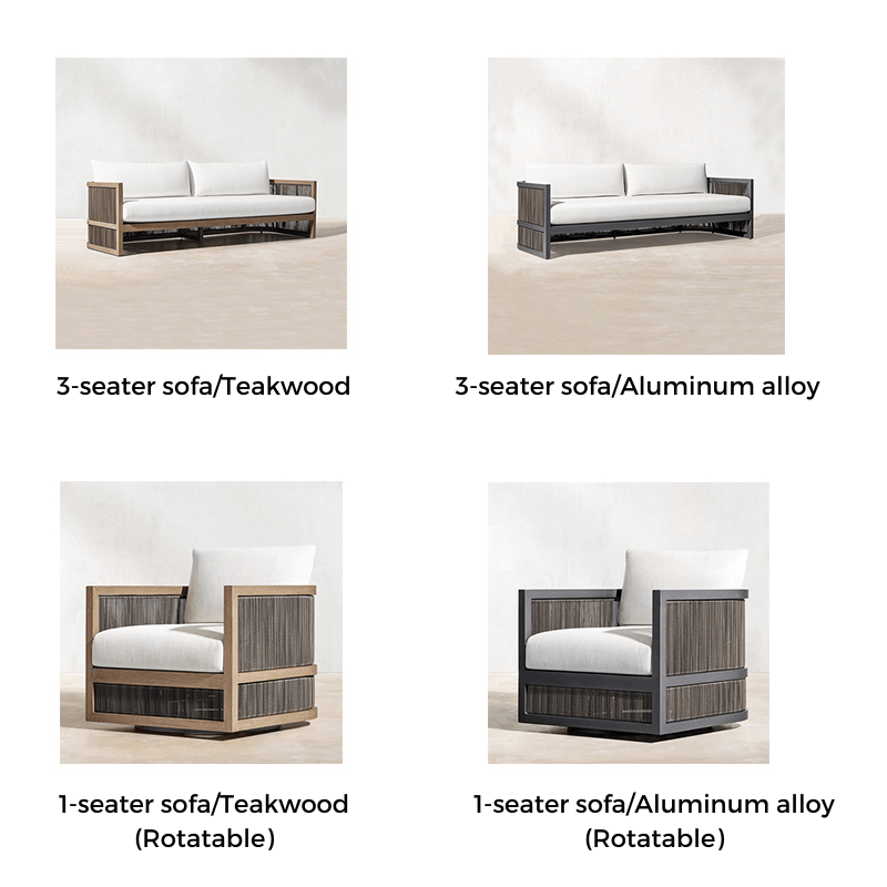 Front view of the Nordic rattan patio conversational set highlighting its U-shaped design and teakwood accents.