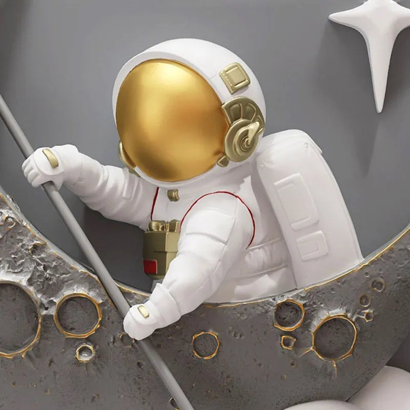 Galactic spaceman wall art displayed in a stylish living room, showcasing its vibrant colors.