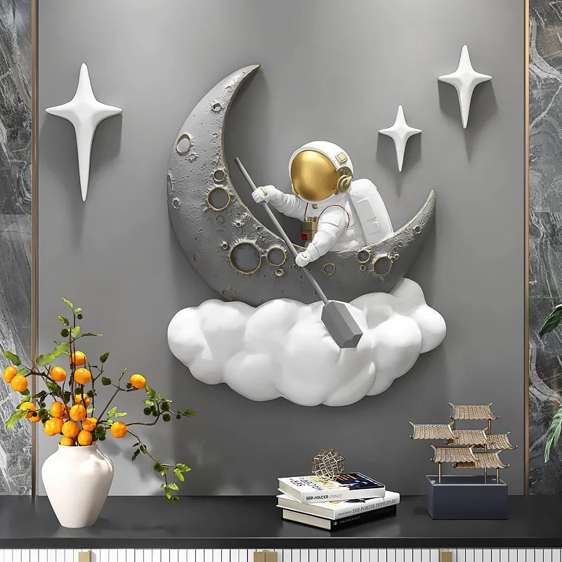 Close-up of the Nordic spaceman wall hanging in a bright children's room setting.