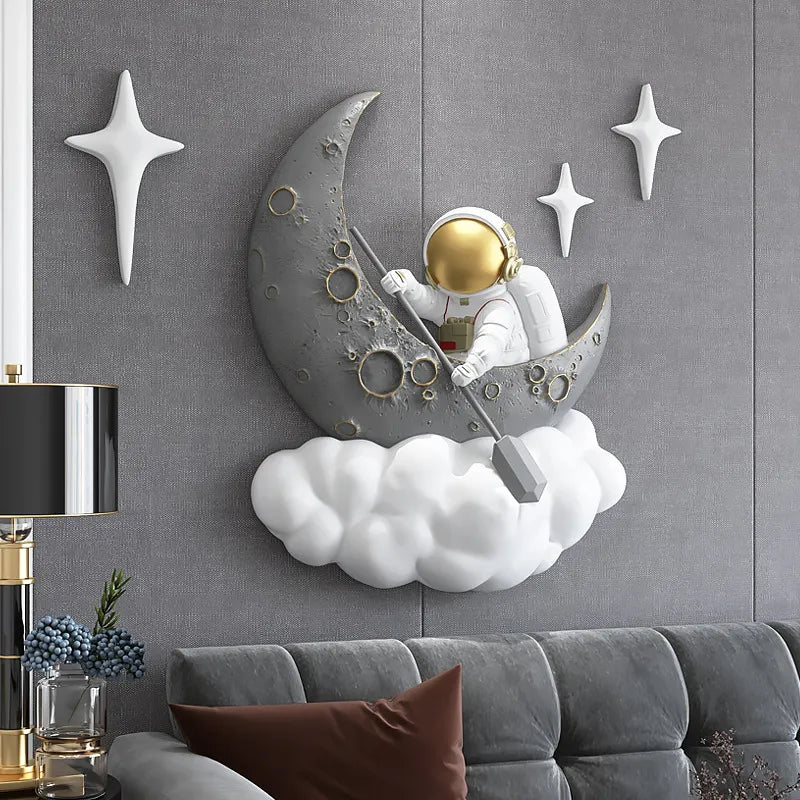 Close-up of the Nordic spaceman wall hanging in a bright childrens room setting.