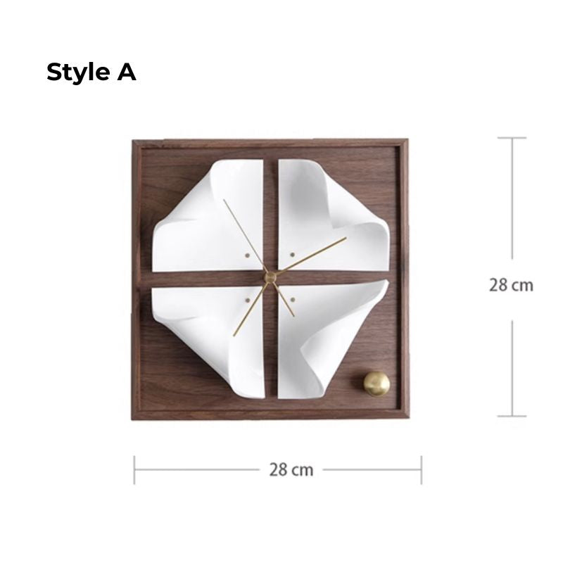 Close-up of the minimalist design of the walnut wood clock, highlighting its sleek finish.
