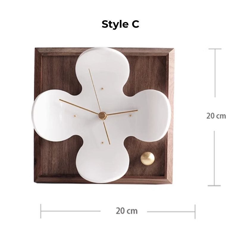 Front view of the stylish Nordic walnut wood desk clock on a modern office desk.