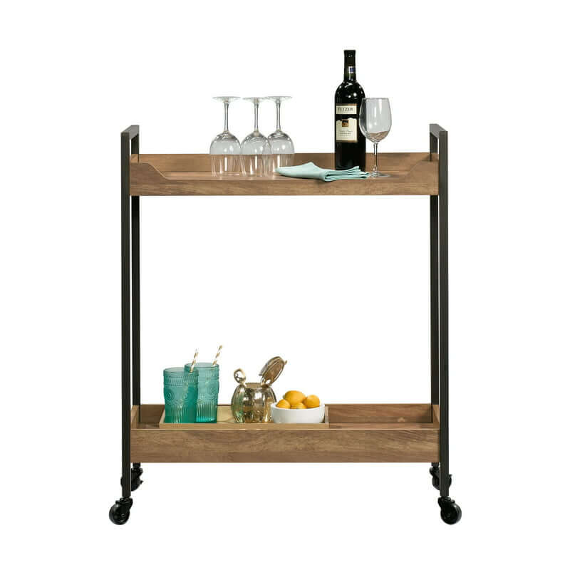 Close-up of the rolling carts natural wood finish and sturdy metal frame.