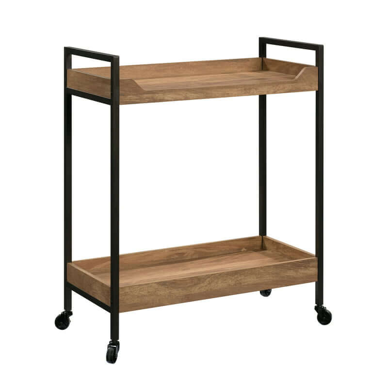 Close-up of the rolling carts natural wood finish and sturdy metal frame.