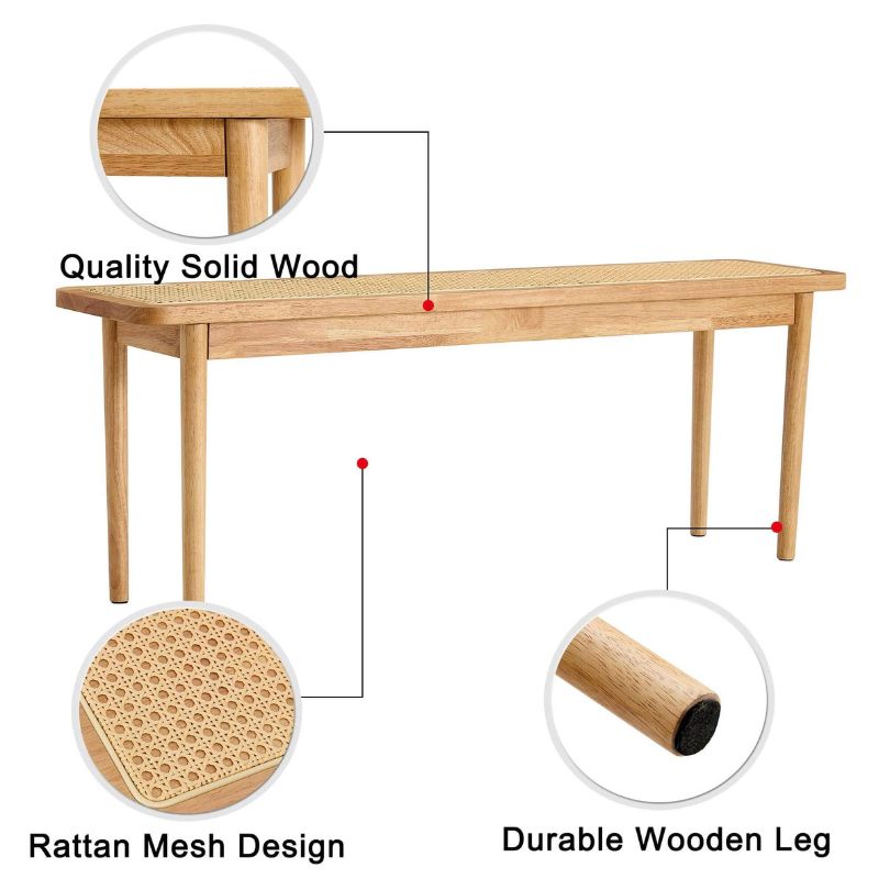 Front view of Nordic wood and rattan dining bench in a stylish dining room