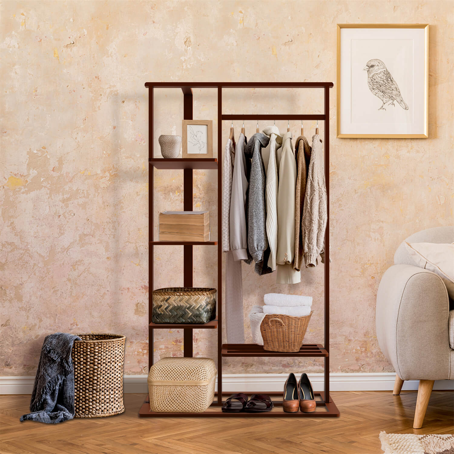 Elegant bamboo clothing rack showcasing organized coats and shoes.