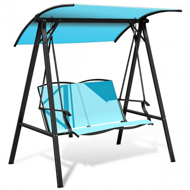 Adjustable canopy hammock set up in a sunny patio, showcasing its waterproof fabric.