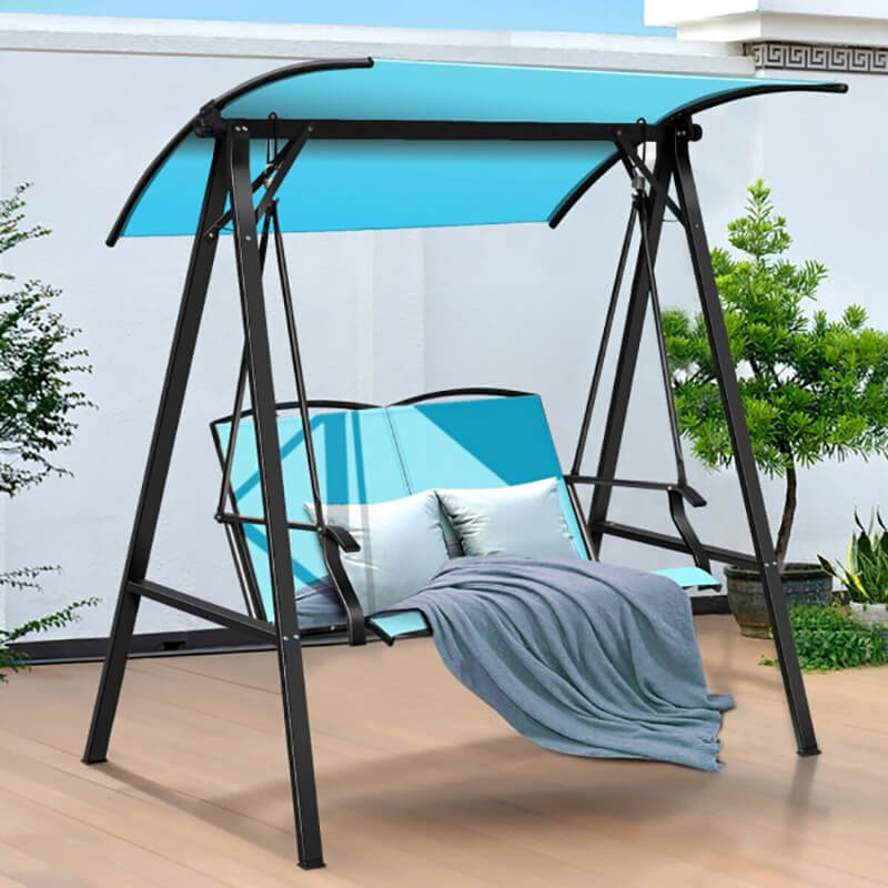 Family enjoying leisure time in the outdoor hammock under the adjustable sunshade.
