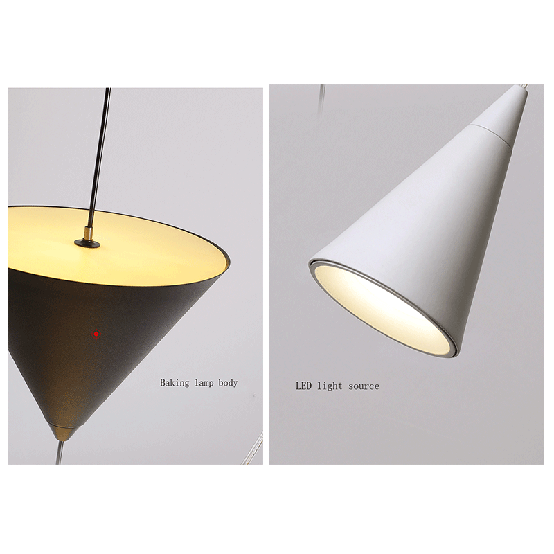 Front view of modern cone-shaped LED pendant light in a dining room setting.