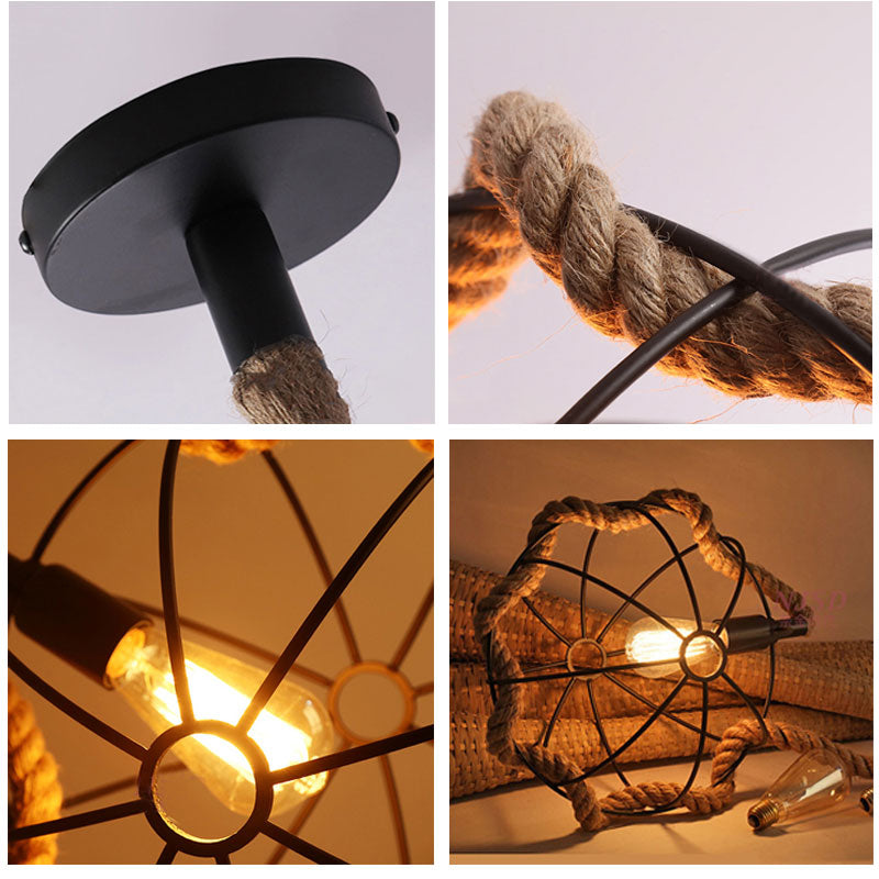 The hemp rope industrial pendant light hanging in a beautifully decorated living room.