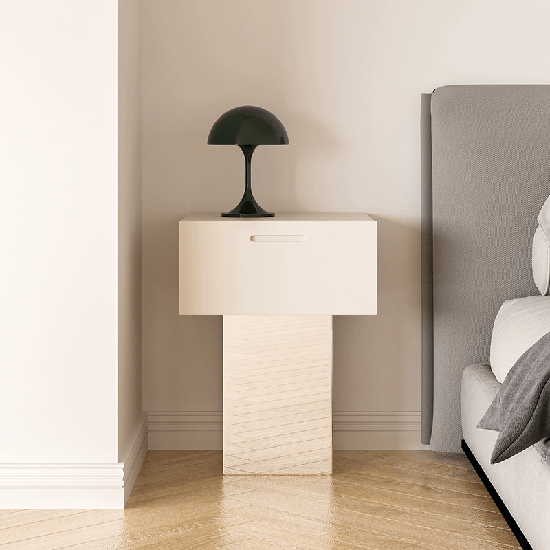 Sleek wooden end table showcasing its geometric design in a modern living room setting.