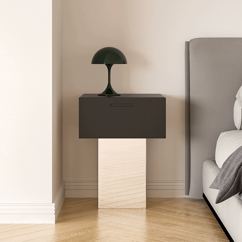 Sleek wooden end table showcasing its geometric design in a modern living room setting.