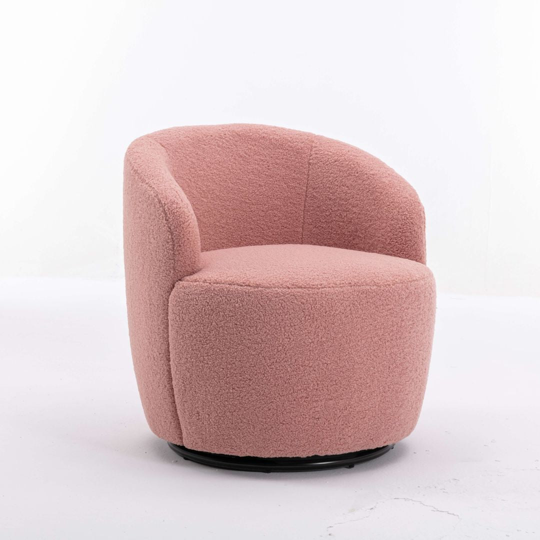 Front view of stylish pink swivel teddy accent chair showcasing ergonomic design.