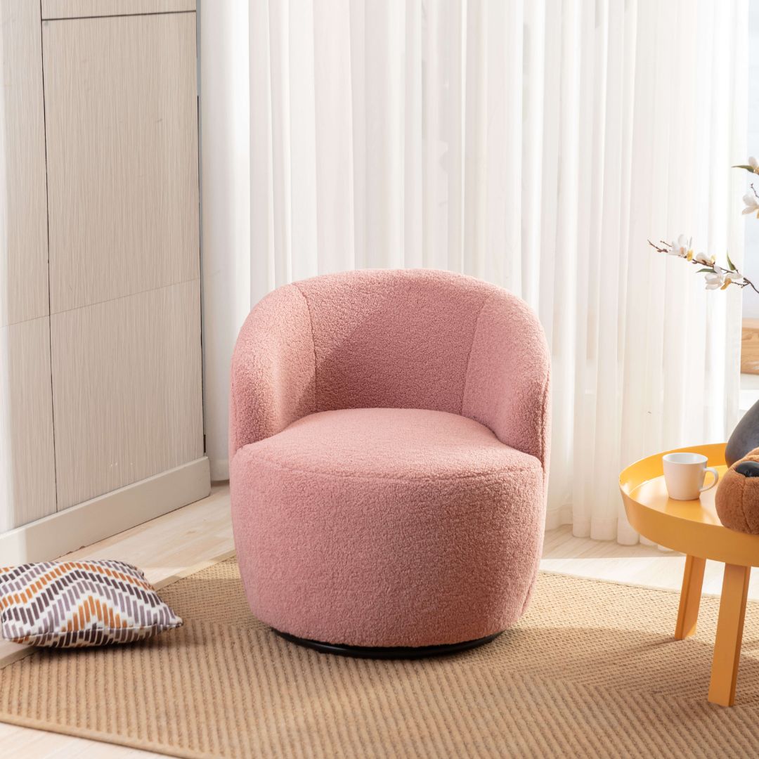 Front view of stylish pink swivel teddy accent chair showcasing ergonomic design.