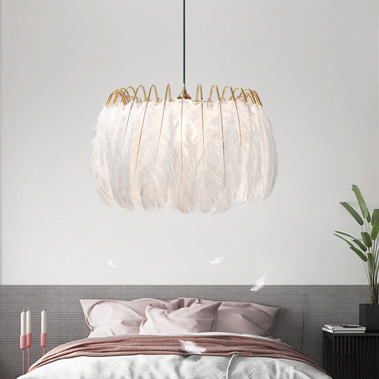 Close-up of the elegant ostrich feather LED pendant light highlighting its intricate design.