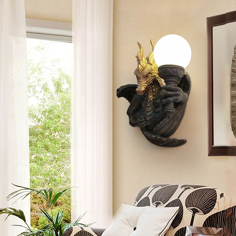 Side view of the Retro Dragon Wall Lamp highlighting its intricate details and artistic design.