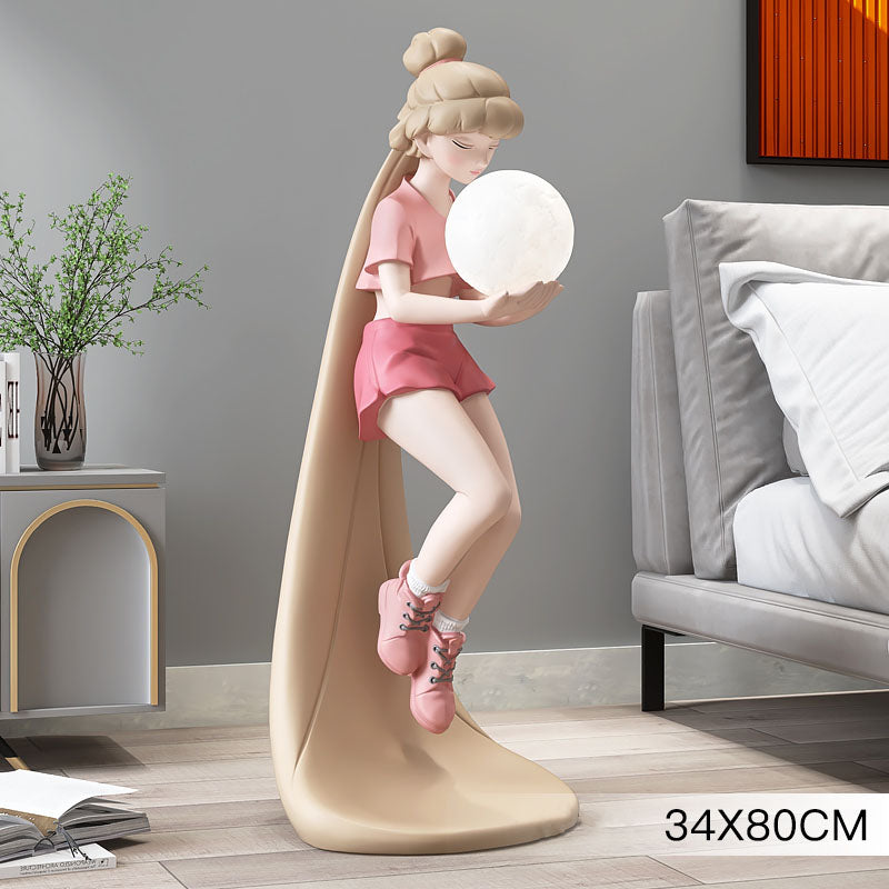 Close-up of the long-haired girl figurine lamp, highlighting the intricate details of the resin material.
