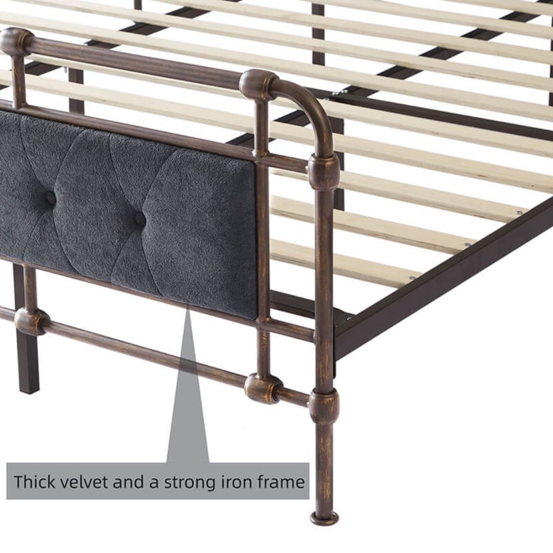 Stylish platform bed frame in dark grey, perfect for modern bedroom decor.