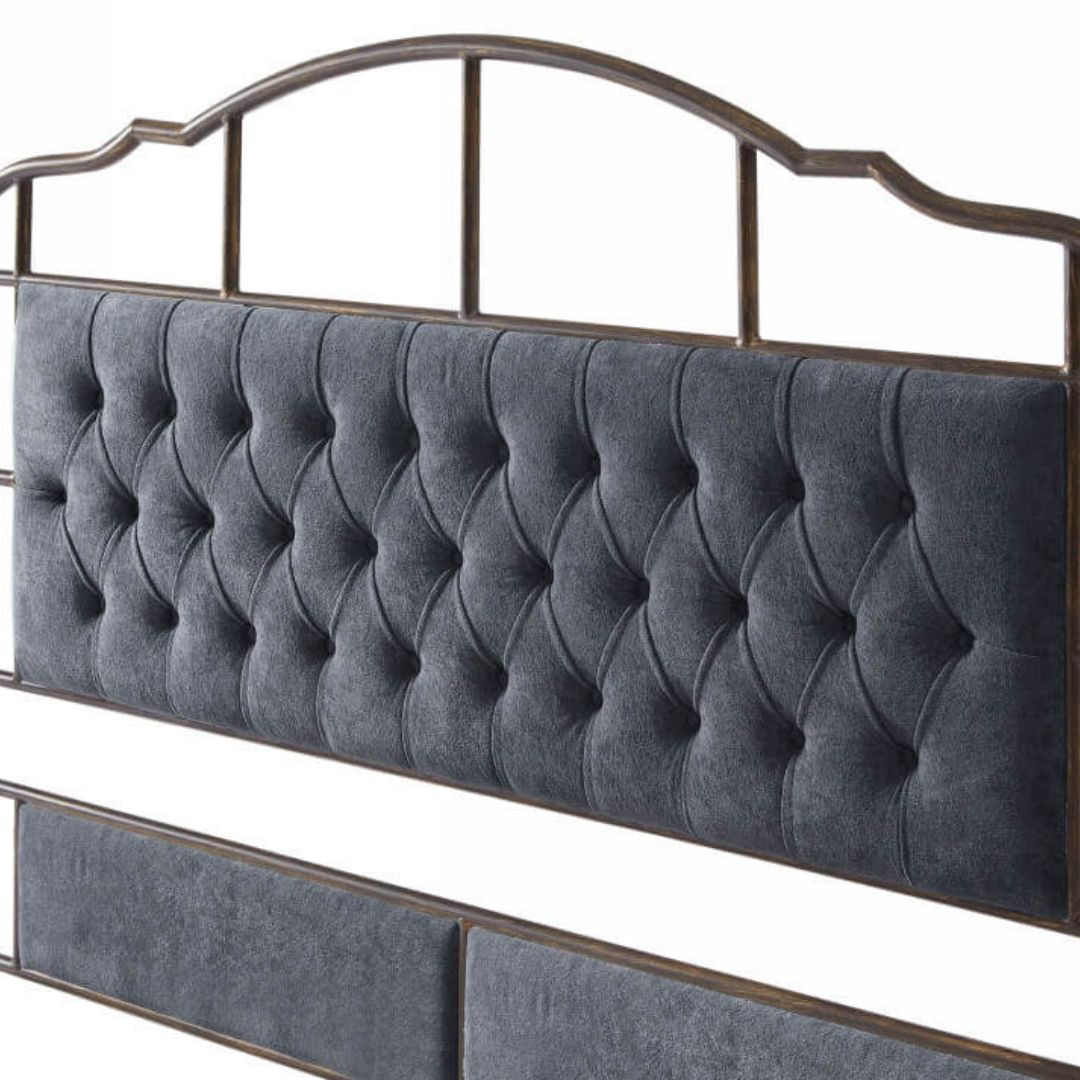 Stylish platform bed frame in dark grey, perfect for modern bedroom decor.