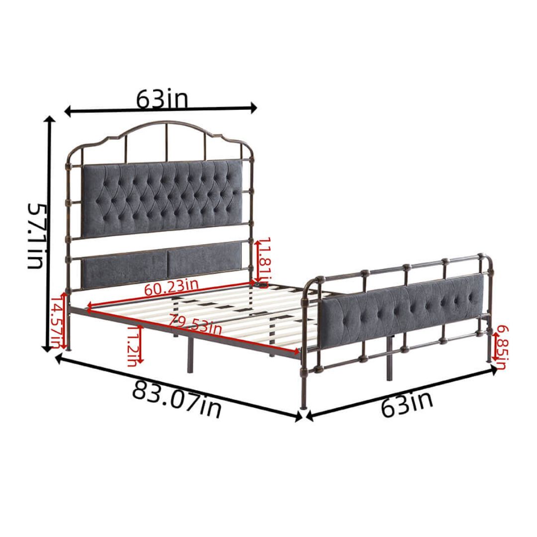 Luxurious dark grey metal bed frame with velvet upholstery from the side view.