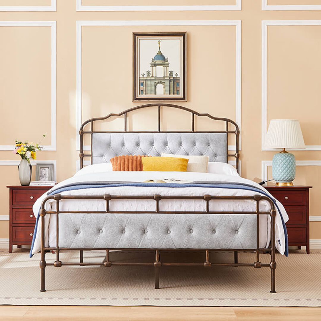 Elegant queen size upholstered bed frame featuring a luxury velvet headboard in grey metal, perfect for a modern bedroom setup.