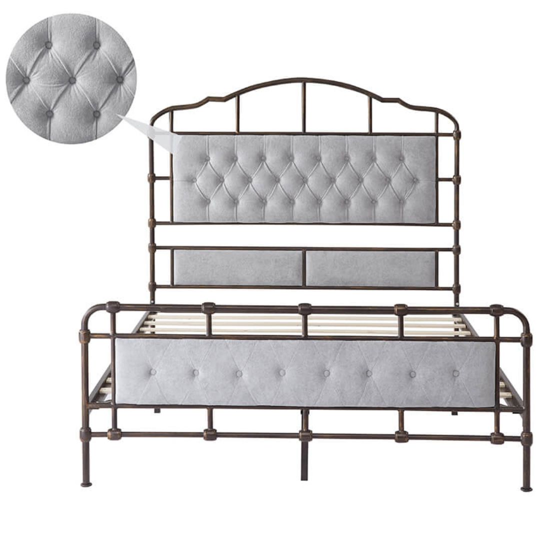 Close-up of the plush velvet upholstery on the headboard and footboard of the queen bed frame, showcasing its high-quality craftsmanship.