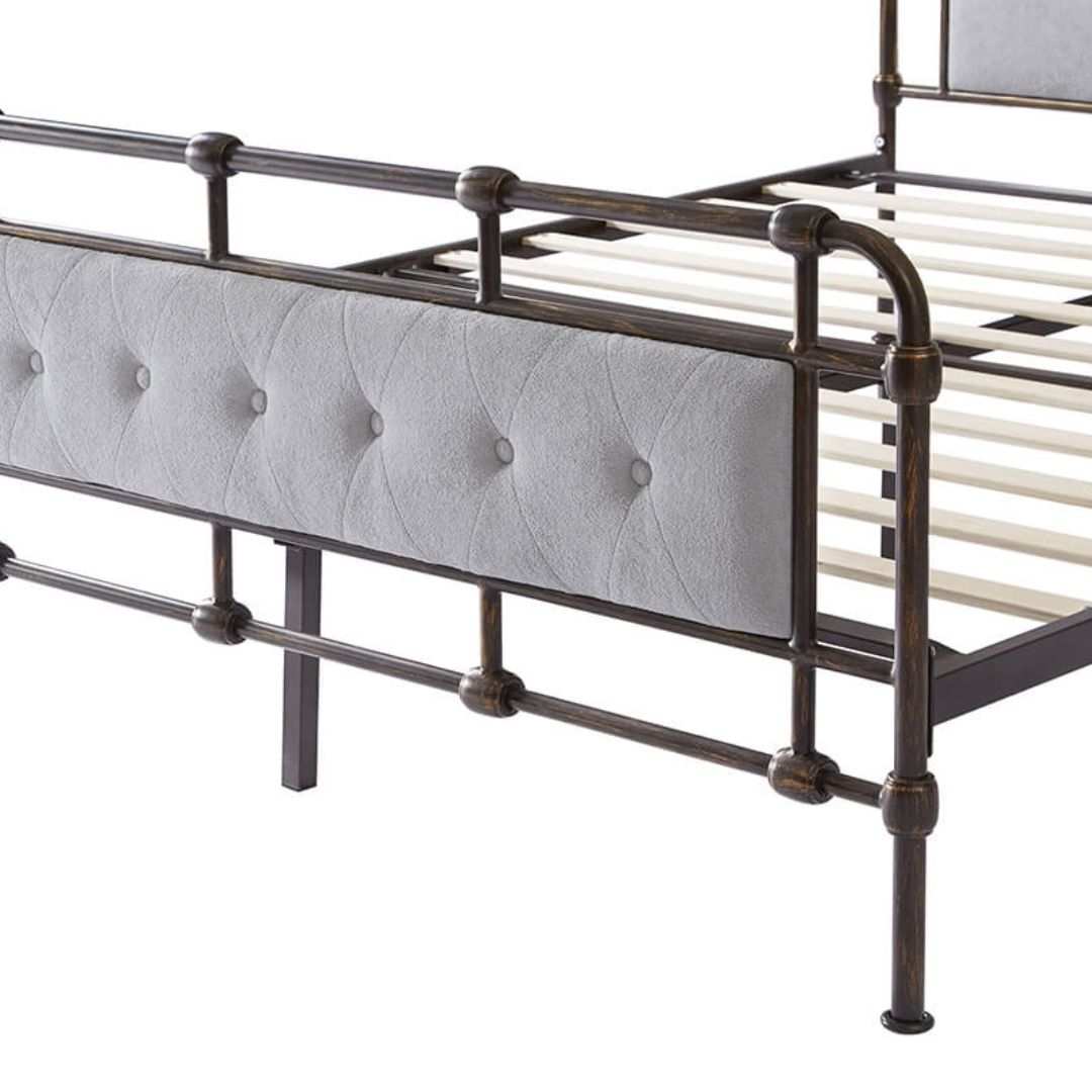 View of the queen size upholstered bed frame in a cozy bedroom setting, highlighting its timeless elegance and comfort.