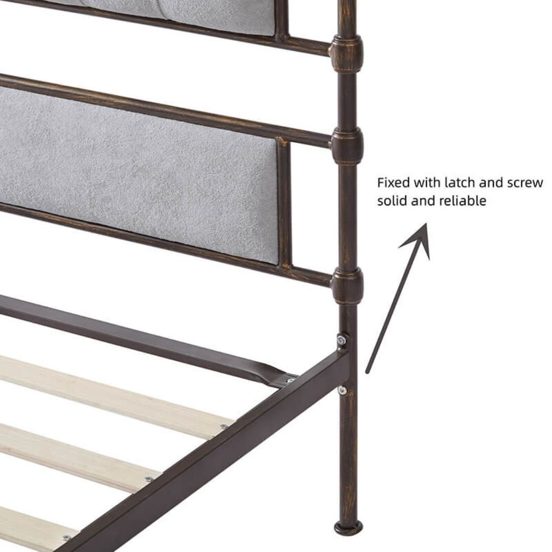 Elegant queen size upholstered bed frame featuring a luxury velvet headboard in grey metal, perfect for a modern bedroom setup.