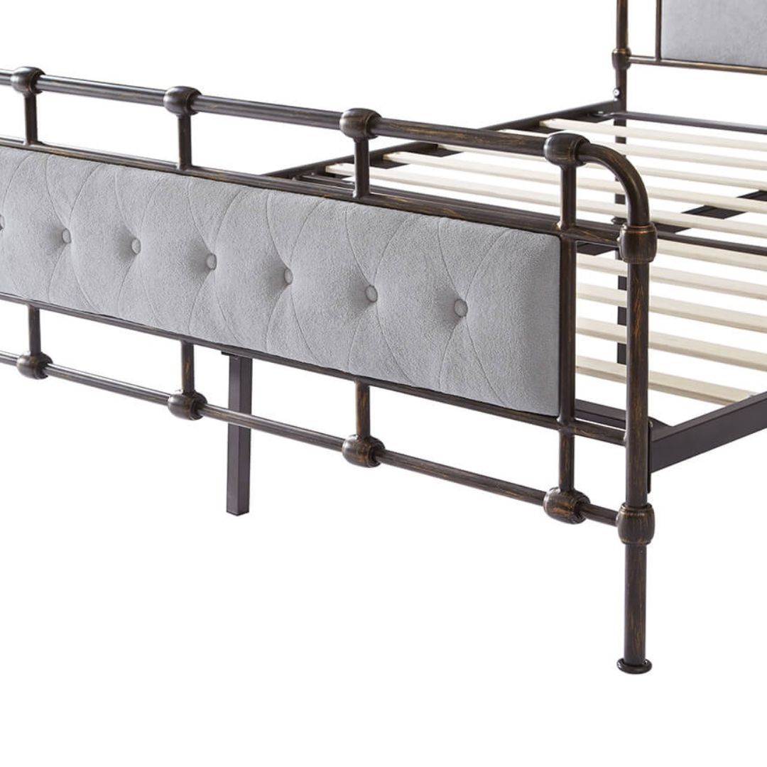 View of the queen size upholstered bed frame in a cozy bedroom setting, highlighting its timeless elegance and comfort.