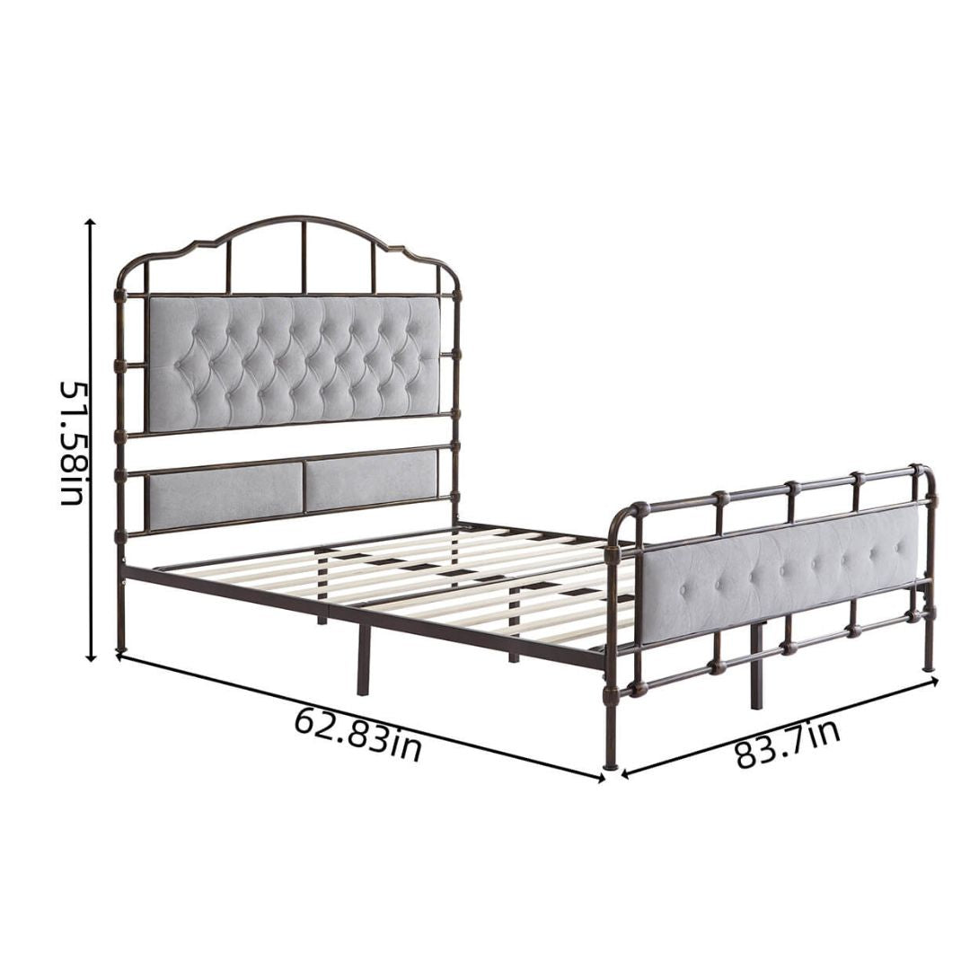 Elegant queen size upholstered bed frame featuring a luxury velvet headboard in grey metal, perfect for a modern bedroom setup.