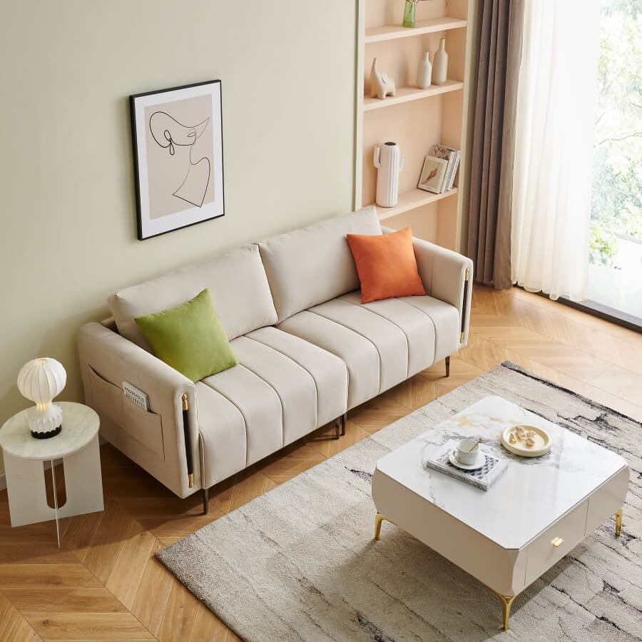 Modern white loveseat sofa from the side showcasing its elegant design.