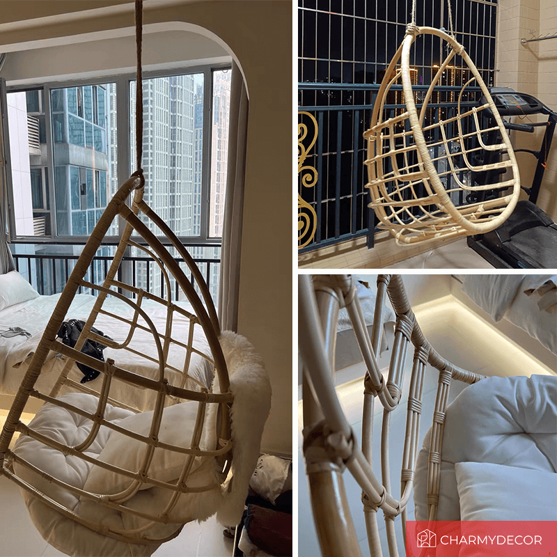 Coastal rattan swing chair hanging from a porch, showcasing its durable design and natural color.