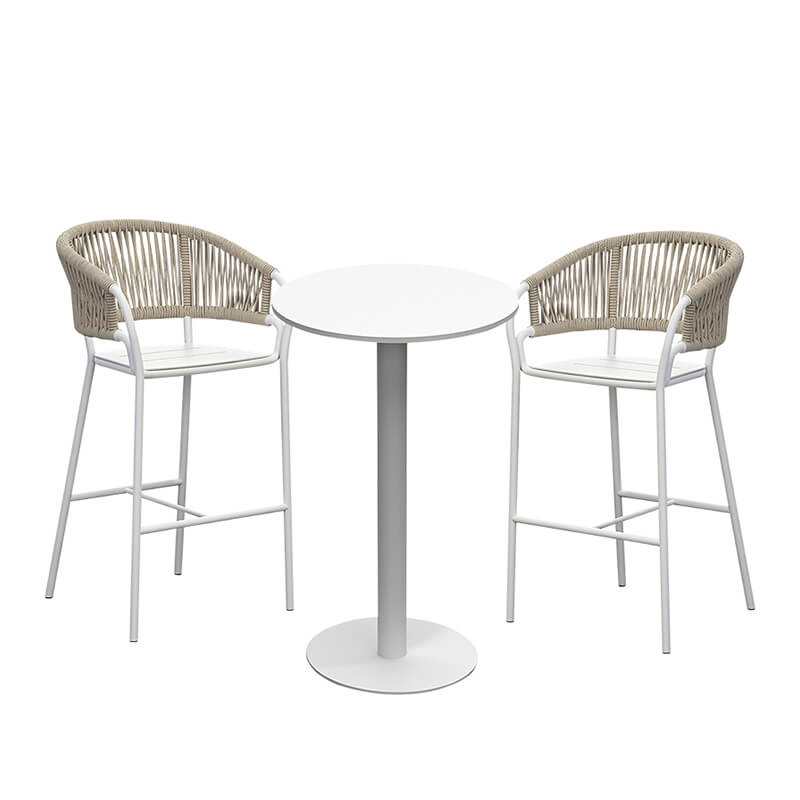 Close-up of rattan high bar chair showcasing olive rope details.